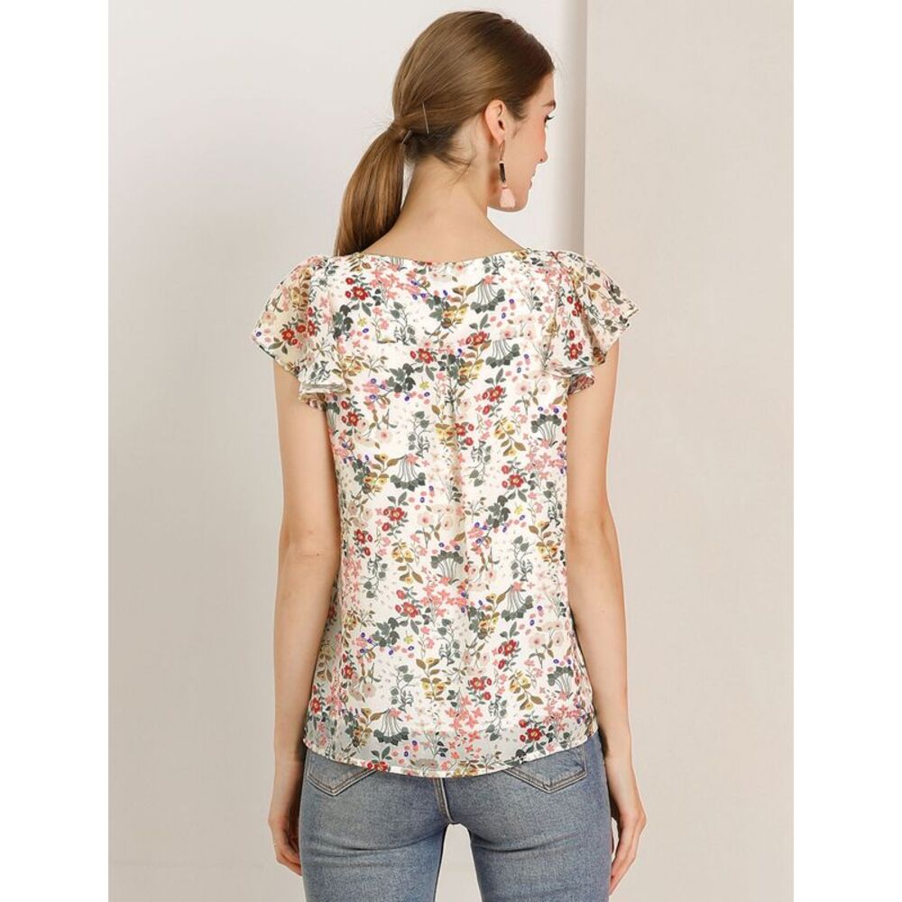 Women's Chiffon Ruffle Sleeve Vintage Layered Floral Print Blouse Top White - Picture 5 of 6